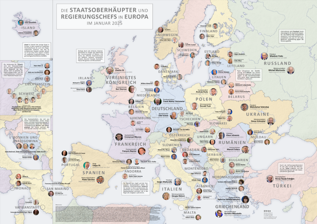 Eine Infografik, die die jeweiligen Staatsoberhäupter und Regierungschefs aller europäischen Staaten abbildet. Auf einer politischen Karte Europas sind die Namen, Amtsbezeichnungen, Antrittsjahre und Portraits der Staatsoberhäupter und Regierungschefs über den dazugehörigen Staaten positioniert. Über die Grafik verteilte Info-Kästen informieren über die Besonderheiten einzelner Staaten wie den Bundesrat der Schweiz oder das Staatspräsidium Bosnien und Herzegowinas, die kollektive Staatsoberhäupter bilden, die Türkei, in der beide Ämter auf den Präsidenten gebündelt wurden, sowie Staaten, deren Regierungen starke autokratische Tendenzen aufweisen wie Russland und Belarus.